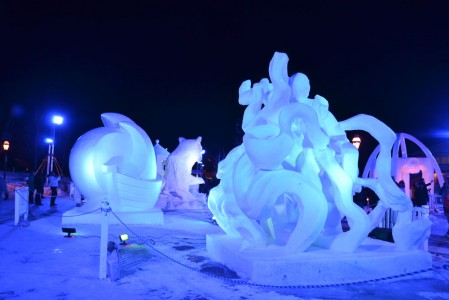Snow sculptures festival at night