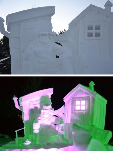 Snow sculpture in daylight and same one at night