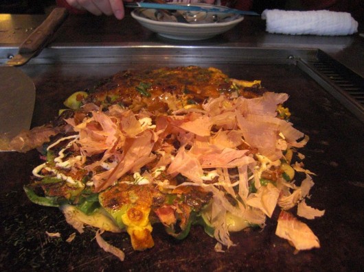 Okonomiyaki at one of the many restaurants in Dotonbori